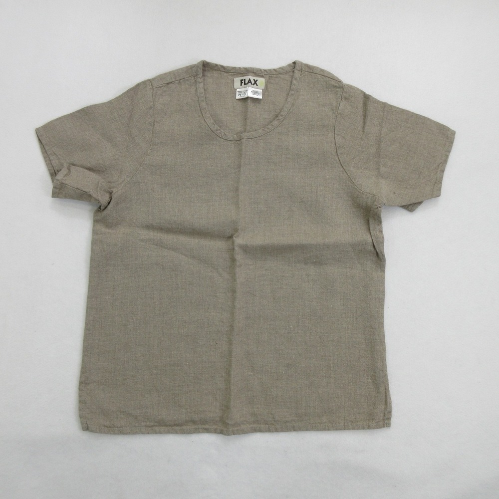 Flax Womens XSLinen Short Sleeve Top Beige Round Neck Pullover Side Slits